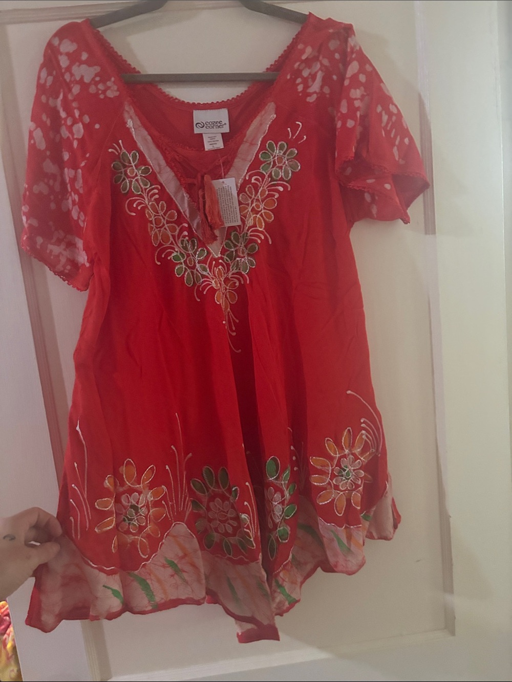 Cozee Corner Red Embroidered Boho Tunic Top